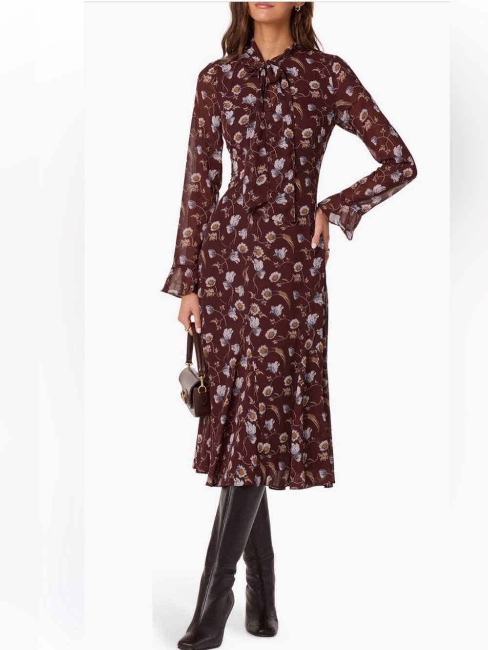 NWT ASTR The Label Brown Blue Floral Tie-Neck Midi Dress Size L